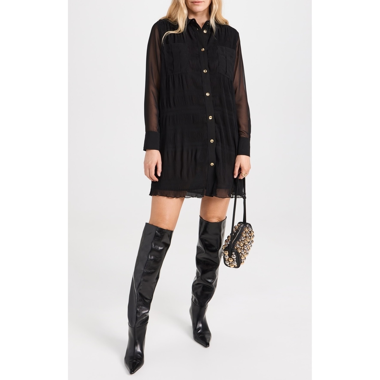 Ganni Pleated Georgette Long Sleeve Shirt Dress